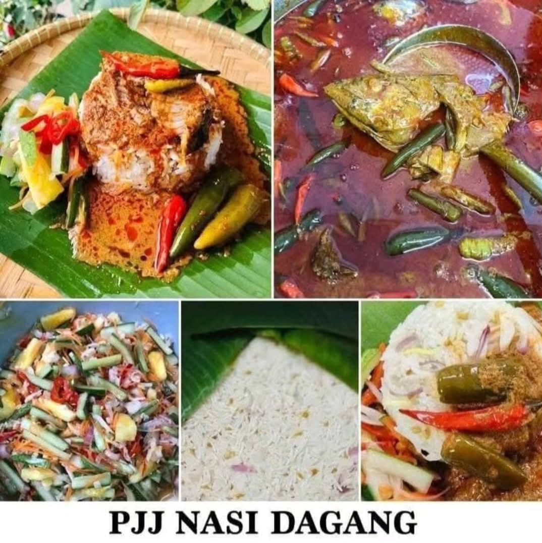 Kolaj PJJ Nasi Dagang: nasi dagang, gulai ikan, acar timun dan nasi dalam daun pisang