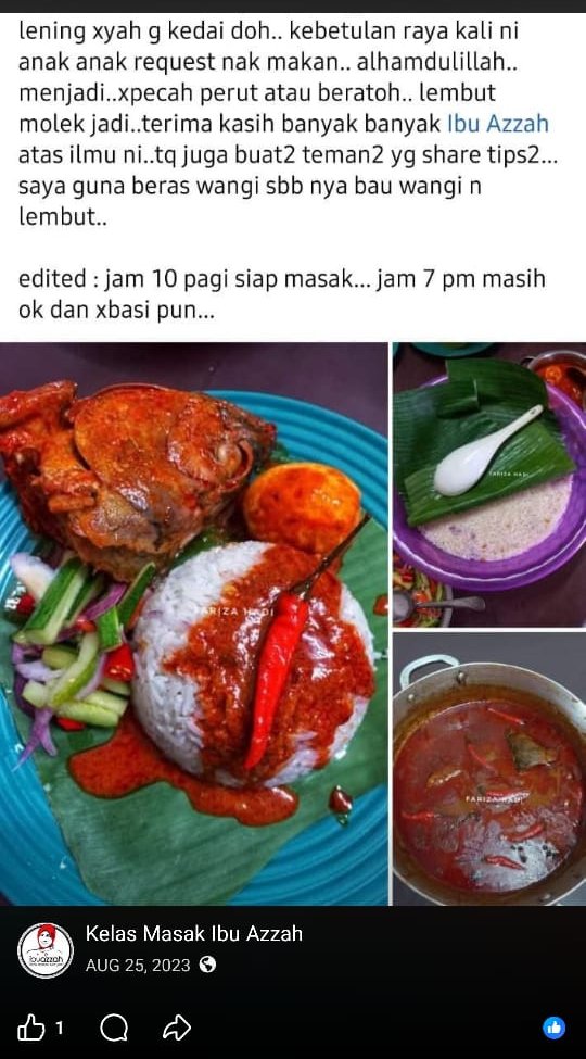 Tangkap layar testimoni: nasi dagang menjadi, lembut dan tidak berketul, siap dengan gulai ikan