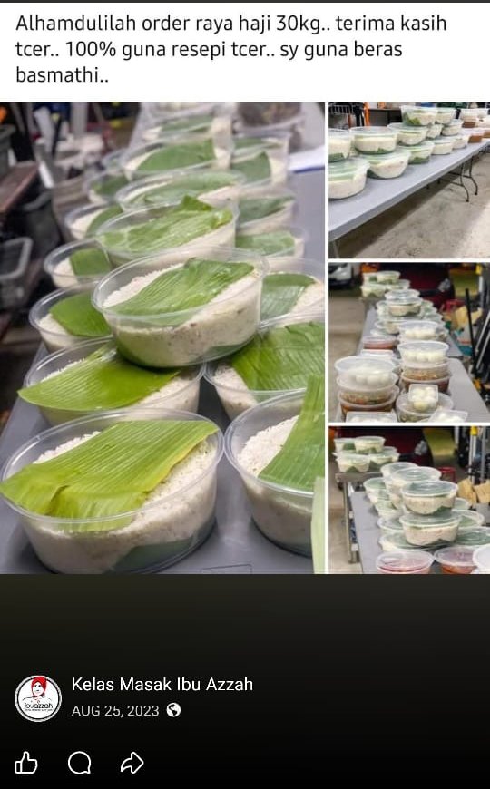 Tangkap layar testimoni: deretan bekas nasi dagang untuk tempahan Raya Haji 30kg