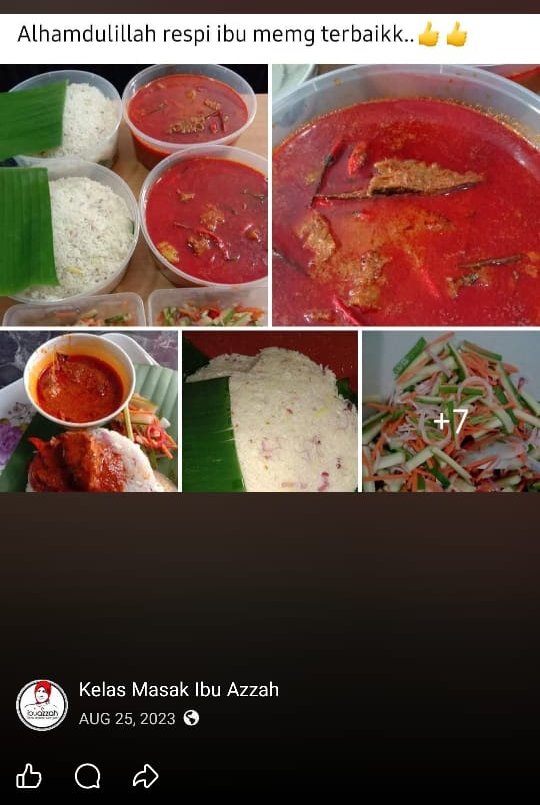 Tangkap layar testimoni: hasil nasi dagang, gulai ikan dan acar dengan pujian resepi Ibu