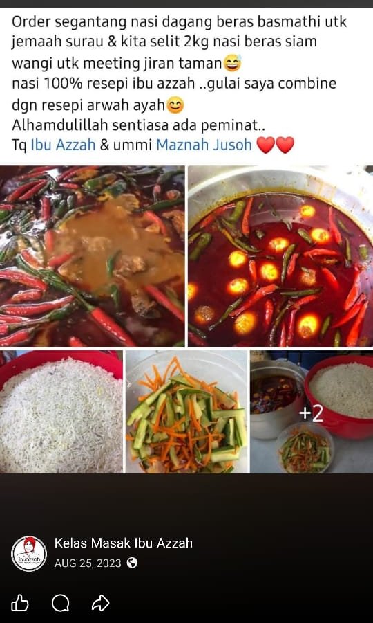 Tangkap layar testimoni: nasi dagang dan gulai dimasak untuk jemaah surau dan jiran